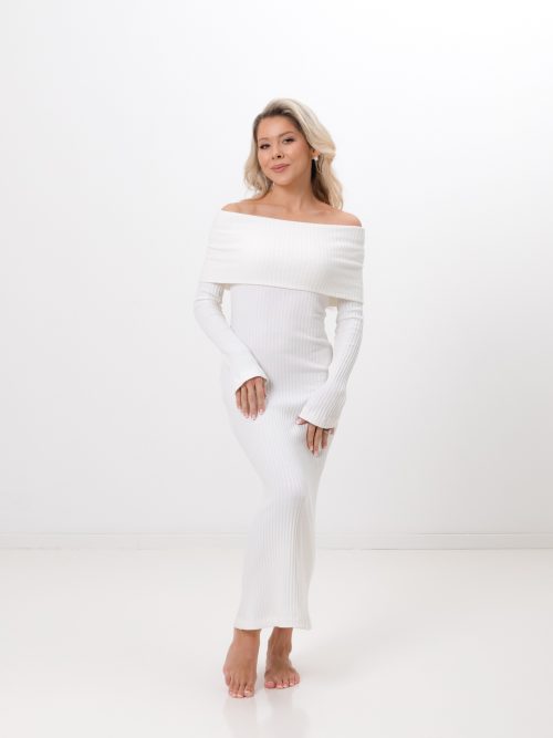 Off-shoulder soonikkudumis kleit, valge